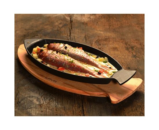 Сковорода чугунная для рыбы на деревянной подставке, 15*24 см, LAVA, фото , изображение 5