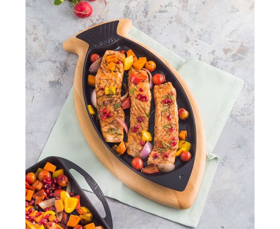 Сковорода чугунная для рыбы на деревянной подставке, 15*24 см, LAVA, фото , изображение 7