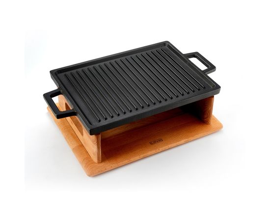 Сковорода-гриль чугунная с 2-мя ручками на деревянной подставке, 20*30 см, LAVA, фото , изображение 2