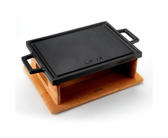 Сковорода-гриль чугунная с 2-мя ручками на деревянной подставке, 20*30 см, LAVA, фото , изображение 3