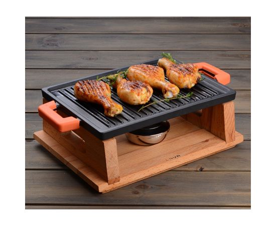 Сковорода-гриль чугунная с 2-мя ручками на деревянной подставке, 20*30 см, LAVA, фото , изображение 4