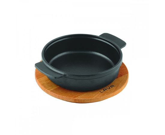 Сковорода круглая чугунная с 2-мя ручками на деревянной подставке, 17 см, LAVA, фото 