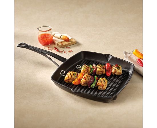 Сковорода-гриль чугунная эмалированная оранжевая, 26х26 см, LAVA, фото , изображение 5