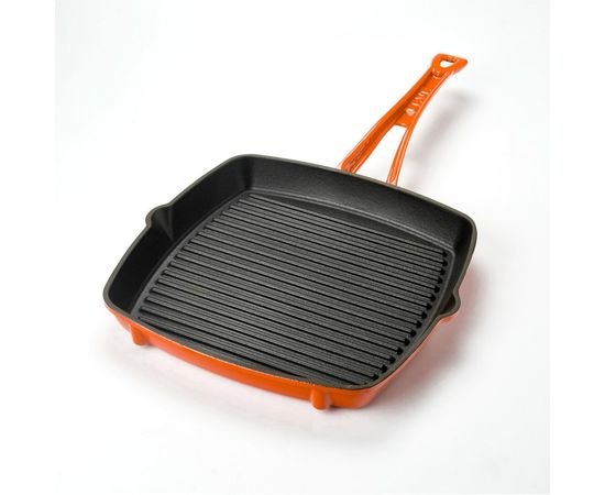 Сковорода-гриль чугунная эмалированная оранжевая, 26х26 см, LAVA, фото , изображение 3