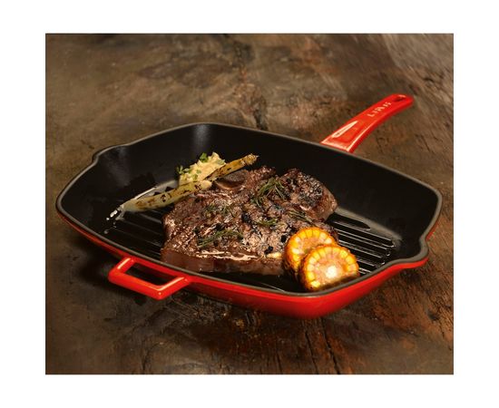 Сковорода-гриль чугунная эмалированная красная, 26х32 см, LAVA, фото , изображение 5