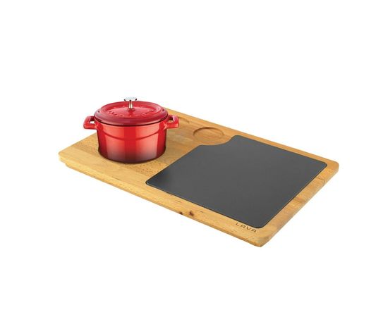 Кастрюля чугунная эмалированная красная с крышкой, на деревянной подставке, 10см, LAVA, фото 