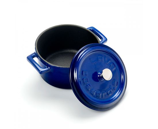 Кастрюля порционная круглая чугунная эмалированная синяя, 10 см, LAVA, фото , изображение 3