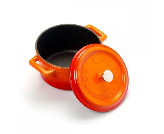 Кастрюля порционная круглая чугунная эмалированная оранжевая, 10 см, LAVA, фото , изображение 4