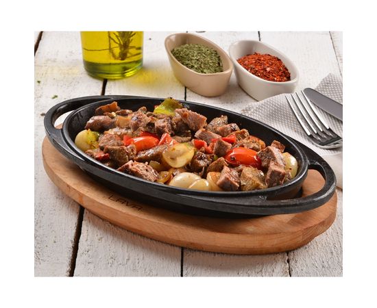 Сковорода овальная чугунная с 2-мя ручками на деревянной подставке, 21*14 см, LAVA, фото , изображение 3