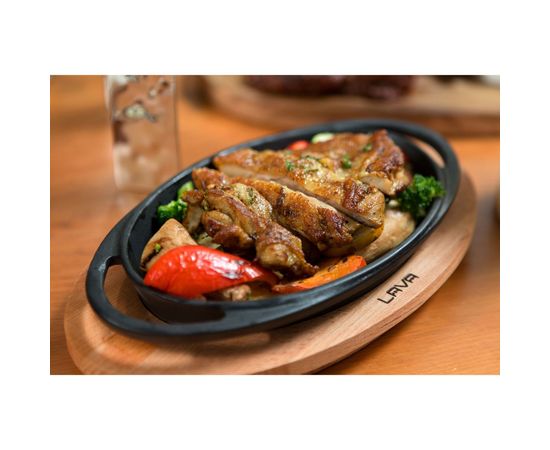 Сковорода овальная чугунная с 2-мя ручками на деревянной подставке, 21*14 см, LAVA, фото , изображение 4