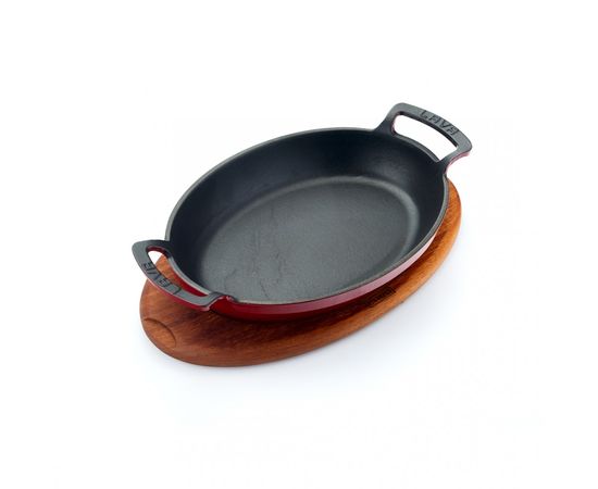 Сковорода овальная чугунная эмалированная красная с 2-мя ручками на деревянной подставке, 27*20 см, LAVA, фото , изображение 2