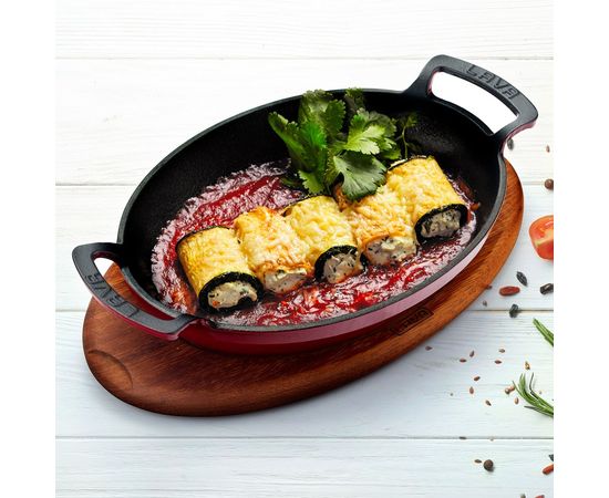 Сковорода овальная чугунная эмалированная красная с 2-мя ручками на деревянной подставке, 27*20 см, LAVA, фото , изображение 3