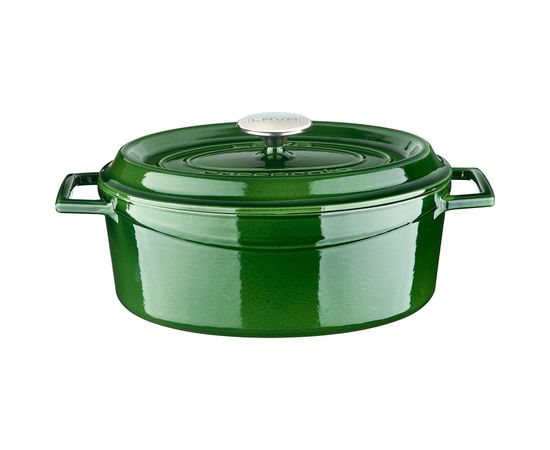 Кастрюля овальная чугунная эмалированная зеленая с крышкой, 23х29 см, LAVA, фото 