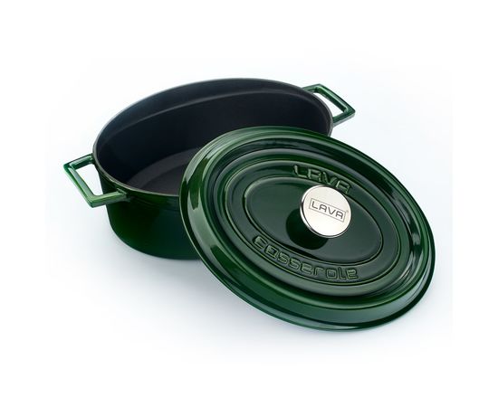 Кастрюля овальная чугунная эмалированная зеленая с крышкой, 23х29 см, LAVA, фото , изображение 2
