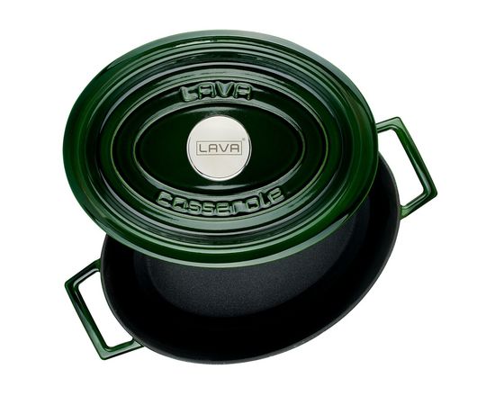 Кастрюля овальная чугунная эмалированная зеленая с крышкой, 23х29 см, LAVA, фото , изображение 3