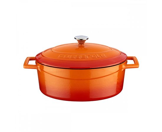 Кастрюля овальная чугунная эмалированная оранжевая с крышкой, 25x20 см, LAVA, фото 