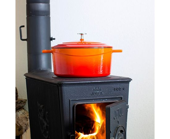 Кастрюля овальная чугунная эмалированная оранжевая с крышкой, 25x20 см, LAVA, фото , изображение 7