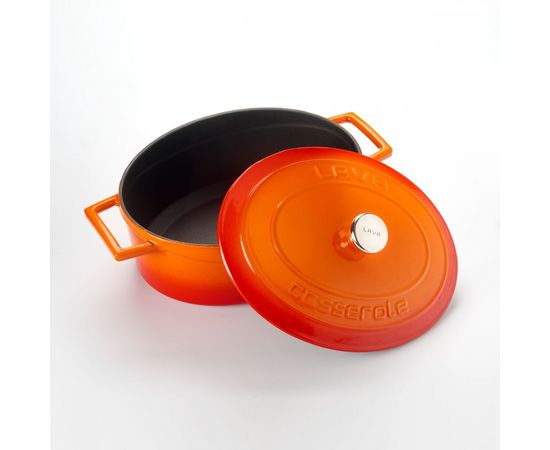 Кастрюля овальная чугунная эмалированная оранжевая с крышкой, 25x20 см, LAVA, фото , изображение 2