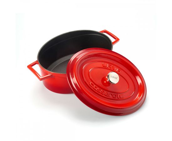 Кастрюля овальная чугунная эмалированная красная с крышкой, 27х20 см, LAVA, фото , изображение 2