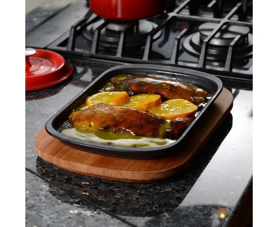 Блюдо чугунное прямоугольное на деревянной подставке, 32*20 см,  LAVA, фото , изображение 4