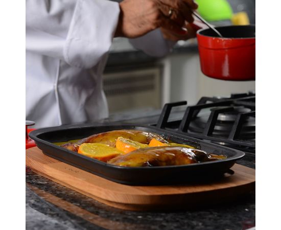 Блюдо чугунное прямоугольное на деревянной подставке, 32*20 см,  LAVA, фото , изображение 5