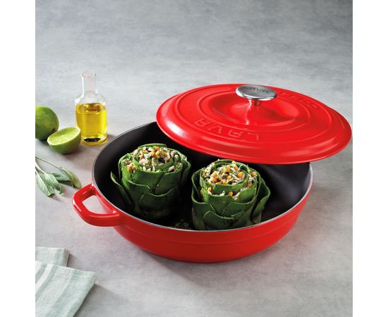 Кастрюля чугунная эмалированная красная с крышкой, 28 см, LAVA, фото , изображение 4