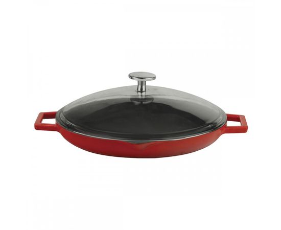 Сковорода чугунная эмалированная красная с 2-мя ручками со стеклянной крышкой, 30 см, LAVA, фото 