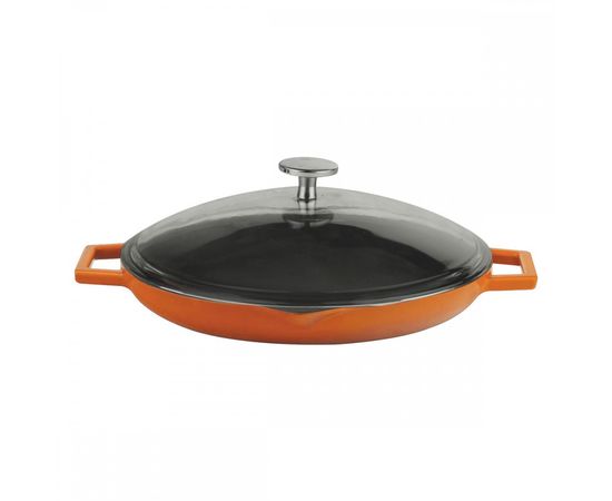 Сковорода чугунная эмалированная оранжевая с 2-мя ручками со стеклянной крышкой, 30 см, LAVA, фото 