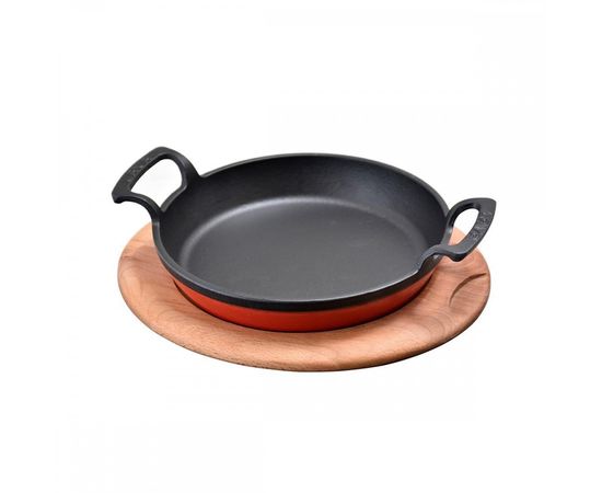 Сковорода круглая чугунная с 2-мя ручками на деревянной подставке, 16 см, LAVA, фото 
