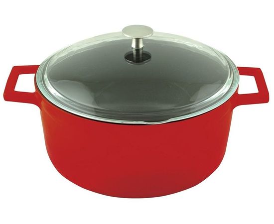 Кастрюля чугунная эмалированная красная со стеклянной крышкой, 28 см, LAVA, фото 
