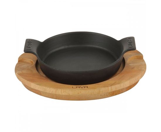 Сковорода круглая чугунная с 2-мя ручками на деревянной подставке, 18 см, LAVA, фото 